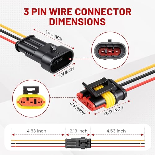 RED WOLF 16 AWG 3 Pin Waterproof Connector, Automotive Electrical Wire Connectors, 3 Wire Connector Harness Male and Female Plug Socket for Cars Truck Motorcycle Marine Boats - 5 Kits (3 Pin)