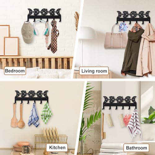 MAYJOYDIY Moon Phase Star Metal Key Hook Starlight Full Moon Coat Rack Wall Mounted 15.7×6.2inch Art Wall Decor Key Holder Organizer Rack with 6 Hooks for Gift Coats Hats Towels Bags Hanging - style: Moon Phase