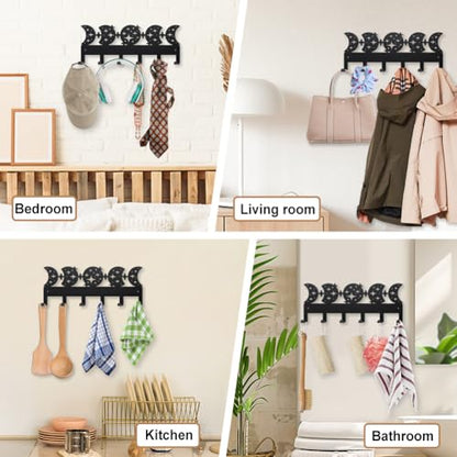 MAYJOYDIY Moon Phase Star Metal Key Hook Starlight Full Moon Coat Rack Wall Mounted 15.7×6.2inch Art Wall Decor Key Holder Organizer Rack with 6 Hooks for Gift Coats Hats Towels Bags Hanging - style: Moon Phase