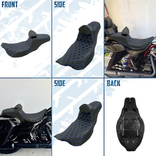 One-Piece Driver Passenger Seat Motorcycle 2-up Seat With Driver Backrest Cushion Pad Fit for Harley Touring Electra Glide Road King Road Glide Street Glide 2009-2023 (Blue Stitching) - color: Blue Stitching w/Driver Backrest