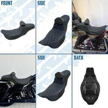 One-Piece Driver Passenger Seat Motorcycle 2-up Seat With Driver Backrest Cushion Pad Fit for Harley Touring Electra Glide Road King Road Glide Street Glide 2009-2023 (Blue Stitching) - color: Blue Stitching w/Driver Backrest