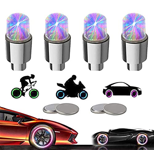 LED Tire Lights for Car 4 Pack Trucks Valve Stem Caps Bike Golf Cart Firefly Wheel Light Bicycle Motorcycle Tyre Spoke Lamp Waterproof for Kids Boys with 10 Extra Batteries(Colorful) - color: Colorful