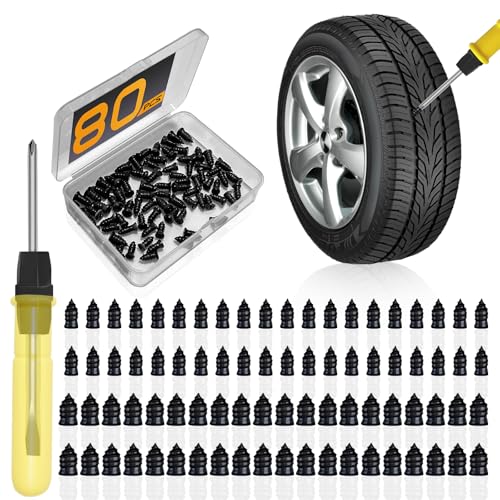 80pcs Tire Plugs Kit, Tire Repair Rubber Nails, Self-Service Vacuum Tyre Screws (40S+40L) Fast Repair Quick Puncture Tools with a Box, Double-ended Screwdriver, for Car Motorcycle Truck Tractor ATV