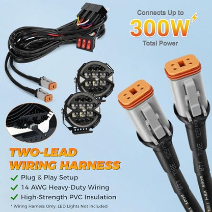 2 Leads Wiring Harness Kit, 12V Plug & Play 4-Pin DT Wiring Harness with 3-Button Switch & Relay Blade Fuse for Truck SUV ATV Off-Road LED Light Pods & Light Bars