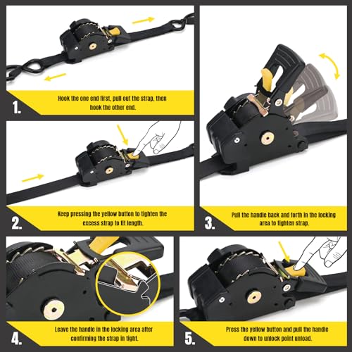 Retractable Ratchet Straps | 4 Heavy Duty Ratchet Straps Self Retractable Tie Down Straps with Soft Loops & Storage Bag for Motorcycle, Truck, Trailer | 1100 Lb Break Strength 1” x 7’ - size: 4 Pack