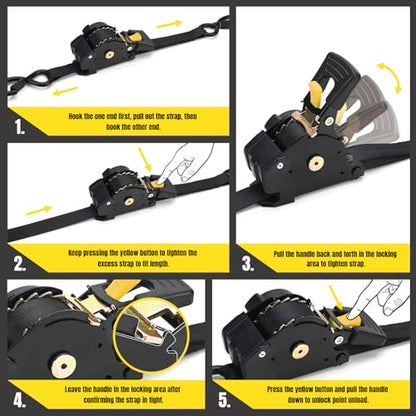 Retractable Ratchet Straps | 4 Heavy Duty Ratchet Straps Self Retractable Tie Down Straps with Soft Loops & Storage Bag for Motorcycle, Truck, Trailer | 1100 Lb Break Strength 1” x 7’ - size: 4 Pack