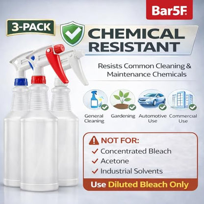 Bar5F Commercial Spray Bottles with Adjustable Trigger, Chemical Resistant HDPE, BPA-Free (3-Pack / 24 oz/Multicolor)
