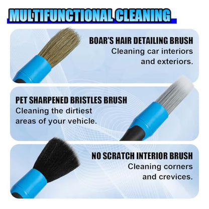 3PCS Car Detailing Brush Set, Soft Boars Hair No-Scratch Automotive Cleaning Brushes, Car Interior & Exterior Dusting Brush Auto Detailing Supplies for Air Vent, Leather Seat, Wheel (Blue)