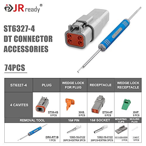 JRready ST6327-4 Deutsch 4 Pin DT Connector Kit, Gray Waterproof Connector (5 Pairs), Size 16 Stamped Contacts 14-18 AWG, for Truck, Motorcycle, Off-Road Vehicles, Marine, Extreme Sports - size: 4-Pin (5 Pairs)