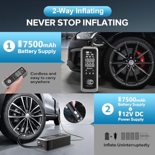 Portable Tire Inflator Air Compressor, 160 PSI Fast Inflation 34 L/Min, Cordless + 12V DC, 7500 mAh, Dual LCD Digital Gauge, Auto Shut-Off, LED Light — For Car, Motorcycle, Bicycle, Balls - style: 7500mAh
