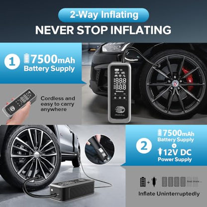 Portable Tire Inflator Air Compressor, 160 PSI Fast Inflation 34 L/Min, Cordless + 12V DC, 7500 mAh, Dual LCD Digital Gauge, Auto Shut-Off, LED Light — For Car, Motorcycle, Bicycle, Balls - style: 7500mAh