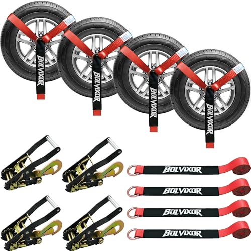 4 Pack Car Tie Down Straps for Trailers - 2" x 96" - 9900LBS Break Strength - Tire Ratchet Strap with Snap Hooks - Adjustable Wheel Straps for Hauling UTV, SUV, Truck, Any Cars - color: Red
