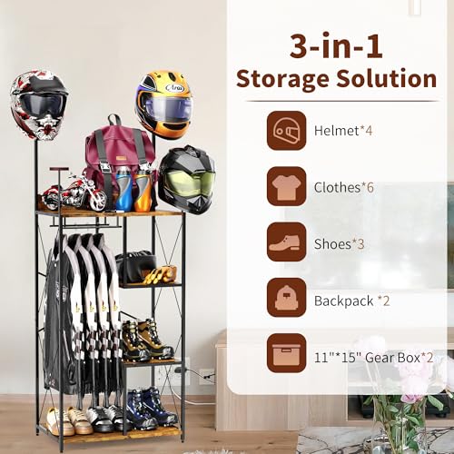 Floor Standing Motorcycle Helmet Holder, Large Motorcycle Gear Rack 4 Helmet Hanger, 3 in 1 Gear Storage Helmet Storage Rack (Black)