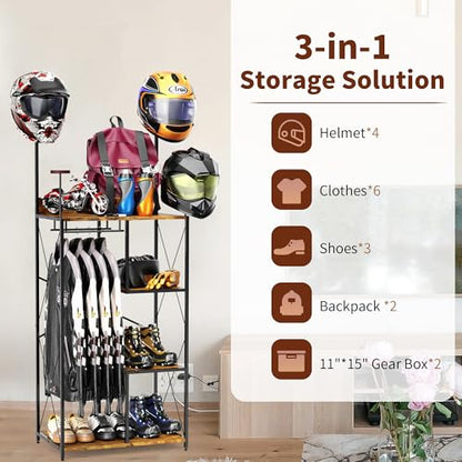 Floor Standing Motorcycle Helmet Holder, Large Motorcycle Gear Rack 4 Helmet Hanger, 3 in 1 Gear Storage Helmet Storage Rack (Black)