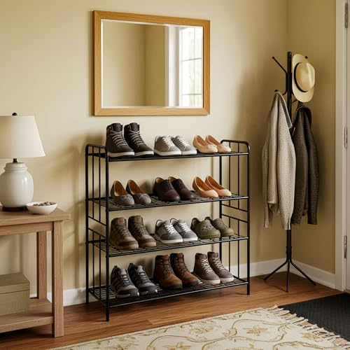 HOSY 4-Tier Metal Shoe Rack, Adjustable Shoe and Boot Storage Rack, Free Standing Utility Shelf (Black) - color: Black
