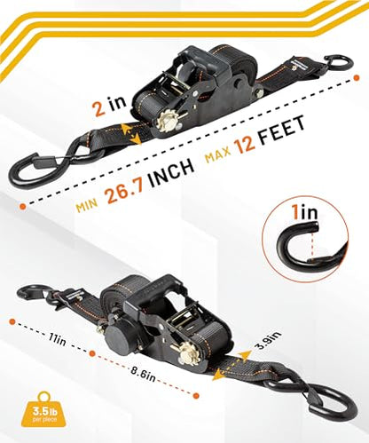 Strapinno Retractable Ratchet Tie-Down Straps,5,000 lbs Breaking Strength- 2 in x 12 ft Heavy Duty Ratchet Strap with Safety Lock S Hooks for Motorcycles, ATVs, UTVs, Lawn Equipment & Cargo (Black) - color: Black