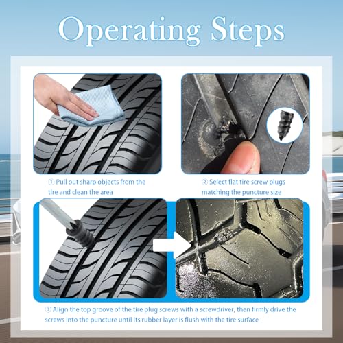 OFBAND 100PCS Tire Repair Rubber Nail Kit with 3 Sizes,Professional Vacuum Tire Plug Kit for Quick Repairs,Self-Service & Self Sealing Screw in Tires Plugs with Screwdriver & Box