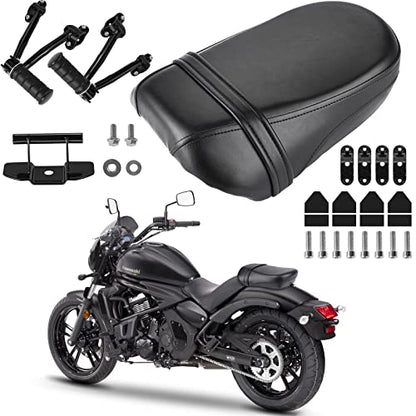Black Synthetic Leather Rear Passenger Seat and Heavy Alloy Steel Foot Pegs Kit Compatible with Kawasaki Vulcan S 650 VN650 2015-2025