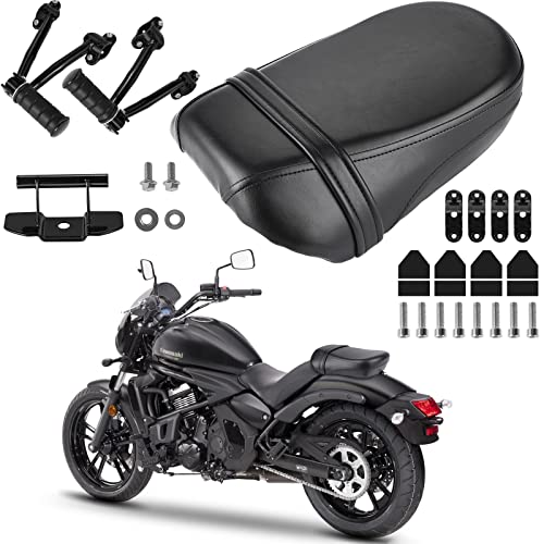 Black Synthetic Leather Rear Passenger Seat and Heavy Alloy Steel Foot Pegs Kit Compatible with Kawasaki Vulcan S 650 VN650 2015-2025