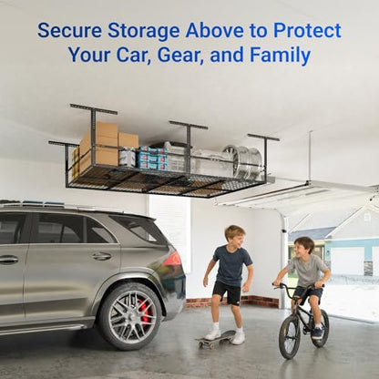 FLEXIMOUNTS 4x8 Overhead Garage Storage Rack with Safety Rails, Hammertone | 750 lbs Capacity, Adjustable 22-40" Height, 3-Sided Guard Rails, Heavy Duty Metal, Ceiling Storage System - color: Hammertone