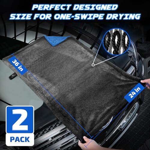 SMINDER 2-Pack 1200 GSM Car Drying Towels – Microfiber Towels for Cars (36" x 24"), Ultra-Absorbent, Streak-Free, Scratch-Free, No Water Spots, Double-Twist Pile & Edgeless Design(Blue) - color: Blue