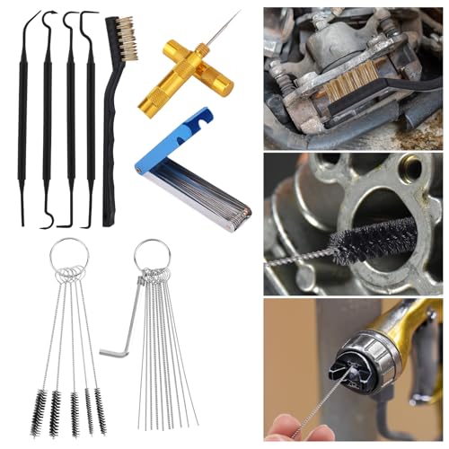 Carburetor Cleaning Kit, Including 1 Single-Head Brush 23 Needles 5 Nylon Brushes 4 Cleaning Hooks & 1 Hex Wrench Suitable for Motorcycles Chainsaws Welding Machines