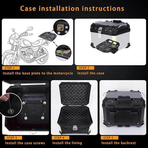 Motorcycle Top Case 45L Trunk Tail Box Bag Aluminum alloy handle With Leather Lining Anti-Theft With Lock And Back Cushion Waterproof Dustproof Easy Installation With Universal Bracket Silver - color: Silver（45L-Single Lock）