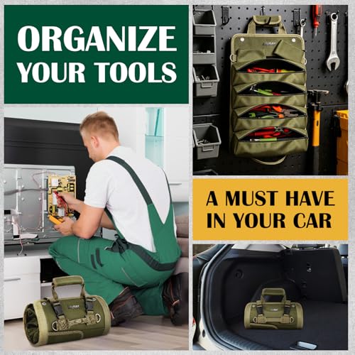 Tool Roll Up Bag Organizer, Heavy Duty Waterproof Tool Roll Bag with Detachable Pouches, Portable Tool Organizer for Mechanic, Electrician, Car Truck Motorcycle Tool Storage, Green