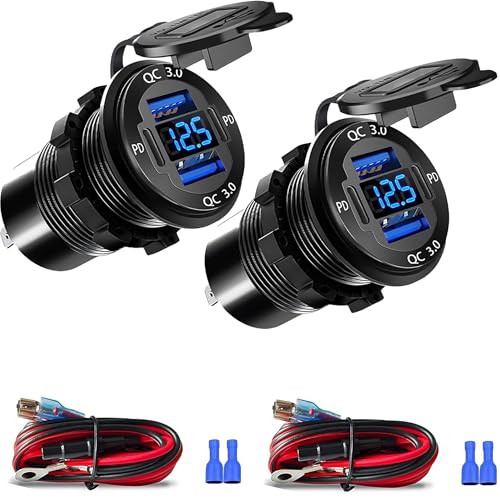 Upgraded 4 Port 12V USB Outlet, 78W Dual PD & QC Aluminum Alloy USB Ports with LED Voltmeter Waterproof for Cars, Cigarette Lighter Replacement 12V Socket for Boats RV Trucks and Motorcycles - color: Pack of 2
