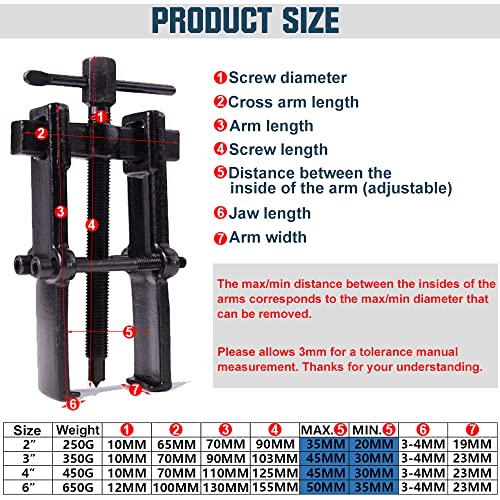 4 Bearing Puller 2'' 3'' 4'' 6'' with 2 Jaws Bearing Puller Tool Adjustable, Chrome Vanadium Steel Bearing Gear Puller Kit Hand Remover Tool Pump Pulley Remover for Wheel, Motorcycle, Bearings, Gears - size: 2-Jaw Bearing Puller 2'' 3'' 4'' 6''