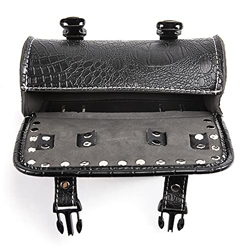 Universal Motorcycle Handlebar Tool Bag - Black PU Crocodile Leather Side Bag With Rivets for Sissy Bar or Rear Carrier - color: Black 4
