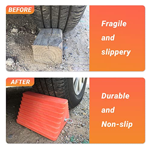 HOXWELL 2 Packs Wheel Chocks Heavy Duty Orange with Eyebolt, Vehicle Chock for Travel Trailers, Camper, Truck, Car and ATV, 9.1" Length x 7.1" Width x 5.5" Height - color: Orange-2 pcs