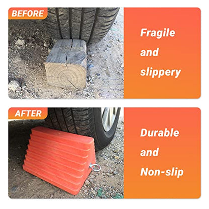 HOXWELL 2 Packs Wheel Chocks Heavy Duty Orange with Eyebolt, Vehicle Chock for Travel Trailers, Camper, Truck, Car and ATV, 9.1" Length x 7.1" Width x 5.5" Height - color: Orange-2 pcs