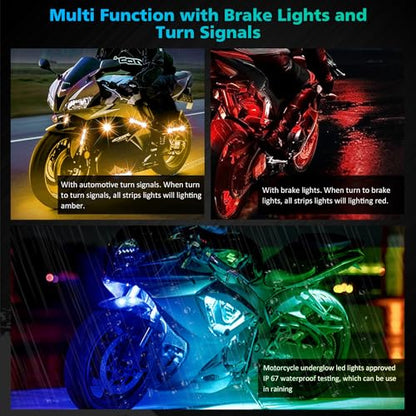 SUNPIE Motorcycle Underglow LED Light Kit 16 Pieces with Smart Brake & Turn Signal Sync 12V IP67 Waterproof RGB Neon Glow Enhanced Night Riding Safety for Harley Kawasaki Suzuki Indian All Motorcycles - color: RGB-16PCS Update