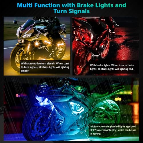 SUNPIE Motorcycle Underglow LED Light Kit 16 Pieces with Smart Brake & Turn Signal Sync 12V IP67 Waterproof RGB Neon Glow Enhanced Night Riding Safety for Harley Kawasaki Suzuki Indian All Motorcycles - color: RGB-16PCS Update