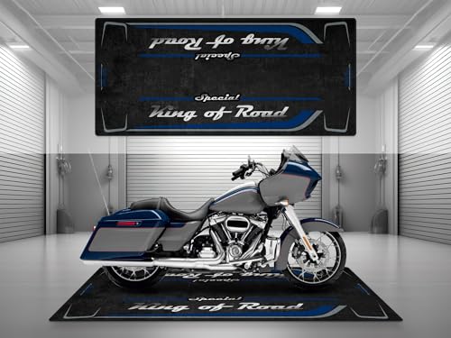 Garage Mat with Special King of Road for Cruiser and Custom Motorcycle, Motorcycle Mat, Washable Non-Slip Showroom Floor Carpet(Bright Billiard Blue, Size 1 : 86.6x39.4/220x100cm) - color: Bright Billiard Blue, size: 3'3" x 7'3" (Oblong)