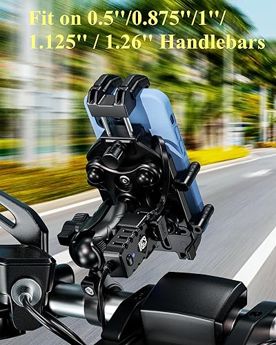 BRCOVAN Motorcycle Phone Mount with Qi Wireless & USB-C Charger | Qi 15W & PD 30W, Anti-Theft Handlebar Cellphone Holder with Vibration Dampener, Adjustable for 5.4-7.2'' Smartphone