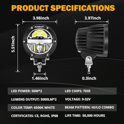 Auxbeam 4 Inch 100W Round Offroad Lights, LED Driving Light Pods with Hi/Lo/Combo Beam Design, 10000LM Super Bright Work Fog Light with Wiring Harness for Truck Pickup SUV ATV UTV 4x4 - color: C4 Series-Hi/Lo/Combo Beam
