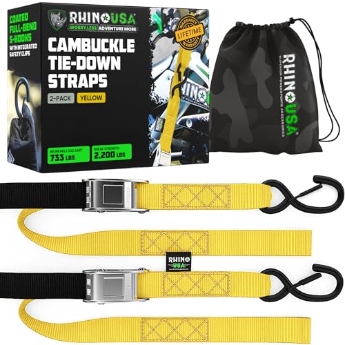 Rhino USA Motorcycle Tie Down Straps (2 Pack) Lab Inspected 2,200lb Break Strength, Steel Cambuckle Tiedown Set with Integrated Soft Loops - Better Than a Ratchet Strap (YLW 2-Pack) - color: Black