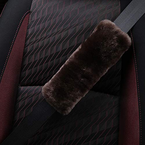 OGLAND Genuine Sheepskin Soft Fuzzy Car Seat Belt Pad,Comdy Fluffy Seat Belt Cover for Shoulder Pad Neck Cushion Protector Car Accessories Woman Man Girl Kids(1Pcs/Teak) - color: Teak