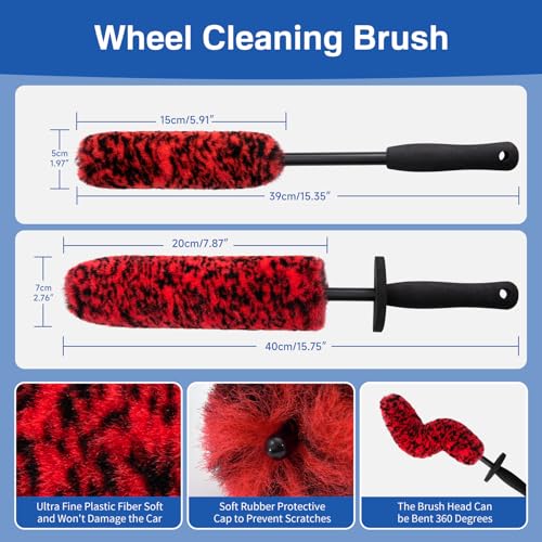 5 Pack Car Wheel and Tire Cleaner Brushes Kit Auto Motorcycle Rim Ultra Soft Microfiber No Spatter Bendable Woolies Bristle Cleaning Set (Red & Black) - color: Red & Black