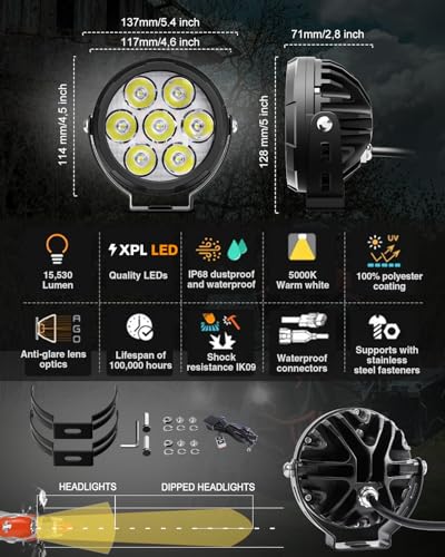 CO LIGHT 4.5inch Motorcycle Auxiliary Lights 15600LM Motorcycle Headlight with 3 Modes Complete 2 Pack Kit with Removable Amber Mask Mounting Brackets and Universal Wiring for Front Lighting Off Road - color: D043