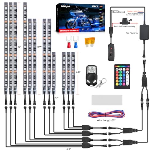 Nilight - TL-35 12PCS Motorcycle RGB Led Light Kit Waterproof Multi-Color Atmosphere Lights Lamp with Dual RF Wireless Remote Controllers for Harley Davidson Honda Kawasaki Suzuki, 2 Years Warranty - color: 12Pcs RGB LED Strip Lights