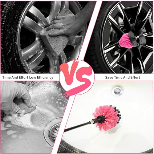 8 Pcs Drill Brush Attachment Set, Power Cleaning Scrub Brush Kit with Extend Long Attachment, All Purpose Drill Scrub Brushes for Car, Grout, Floor, Tub, Bathroom and Kitchen (Pink) - color: Pink