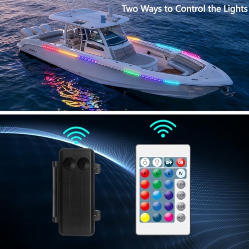 Marine Boat Lights Strip Battery Powered Golf Cart Light, 4 Pcs 24’’ 9V IP67 Waterproof Boat Interior Deck Courtesy Lights for Kayak Paddleboard Pontoon Skeeter Fishing Bass (Multi-color)
