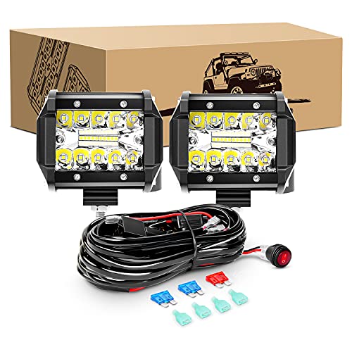 GOOACC 2PCS 60W 4 Inch Triple Row LED Pods Flood Light Bar Fog Light Driving Lighting with 16AWG Off Road Wiring Harness-2 Leads for Truck Golf Cart SUV ATV UTV Boat, 2 Years Warranty, (Auto-510) - color: 2Pcs LED Pods+ Wiring Harness