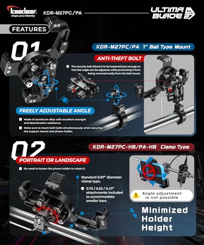 Kaedear Premium Motorcycle Phone Mount, Ql Wireless Charging, Aluminum, Anti-Vibrations, USB Charging, Quick Release Button, Durable, Anti-Theft Mount, Ultima Blade KDR-M27PA-BK (Black) - style: Qi Charging / 1" Ball - Black
