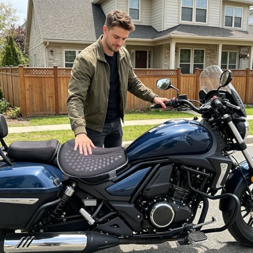Foldable Gel Seat Cushion for Motorcycle, Universal Non-Slip Grip Ergonomic Motorcycle Seat Pad, Comfort & Butt Protection for Long Rides, Stay Cool & Comfortable (Black)