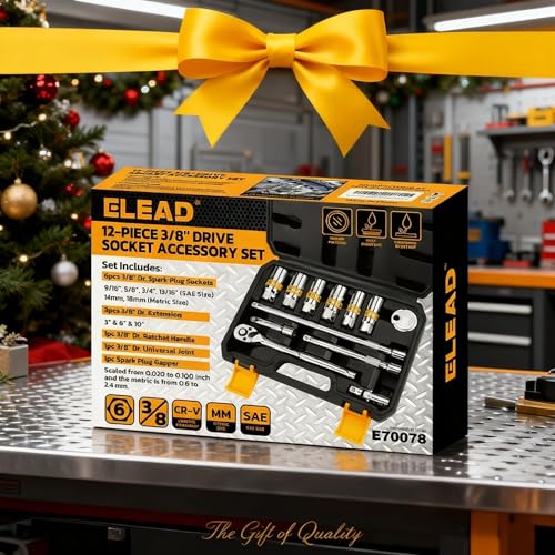 ELEAD 12-Piece 3/8" Drive Spark Plug Socket Set with Ratchet Handle, Universal Joint, Spark Plug Gapper & Extension Bar, 9/16", 5/8", 3/4", 13/16", 14mm, 18mm, CR-V Sockets with Rubber Holding Rings - size: 12-Piece Spark Plug