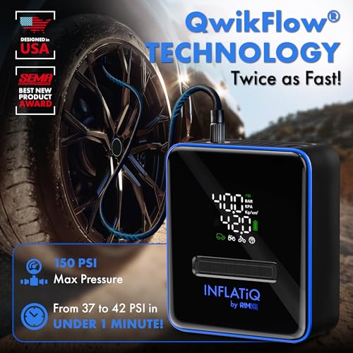 INFLATiQ by RIMiQ Tire Inflator Blue - Powerful, Award-Winning QWIKFLOW Technology with 2 Portable Power Options Included - Strong Vehicle Air Pump for Trucks, Cars, Motorcycles, Bicycles, Balls